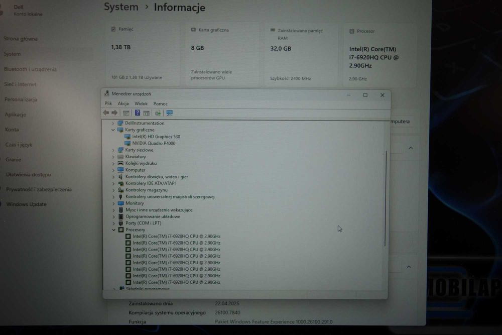 Laptop Mocny Dell PRECISION 7720 i7 17,3 32GB 512 + 1TB Nvidia 8GB