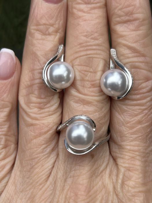 Елегантний срібний набір з перлинами, сережки + каблучка