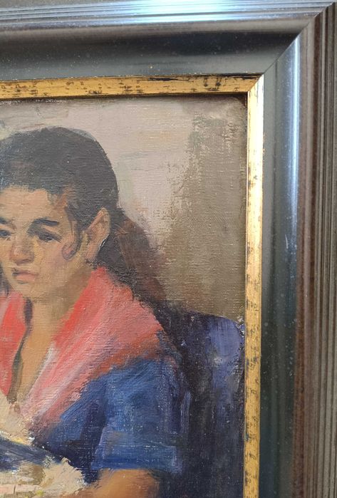 Amor de Mãe - Pintura Vintage a Óleo de Etienne Steel, datada de 1953 - Realismo Belga