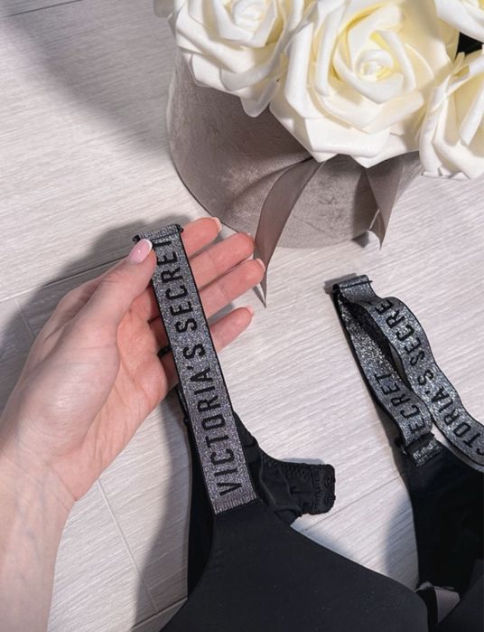 Biustonosz stanik 85B czarny Victoria’s Secret VS brokatowe szelki