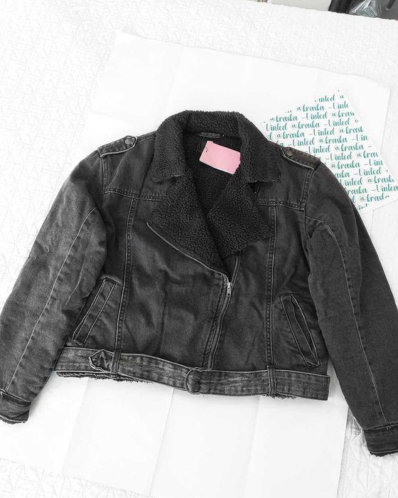 Ramoneska sherpa M/L grafitowy denim Sinsay kurtka biker wszyty kożuch