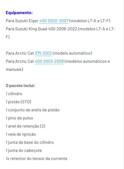 2003-2008 Artic Cat 400 Manual Automático Cilindro Jarro Pistão Kit de reconstrução da extremidade superior