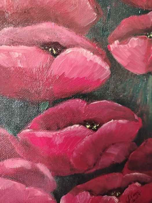 Duży obraz olejny "Pole maków" w pięknej złotej ramie - 90/70 cm