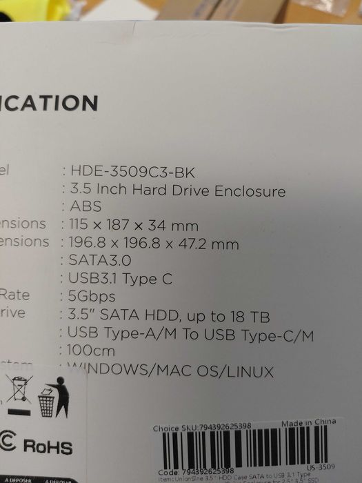 Caixa externa USB 3.1 para discos SATA 3,5" ou 2,5" Unionsine