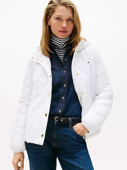 Жіноча біла стьобана куртка Tommy Hilfiger з капюшоном