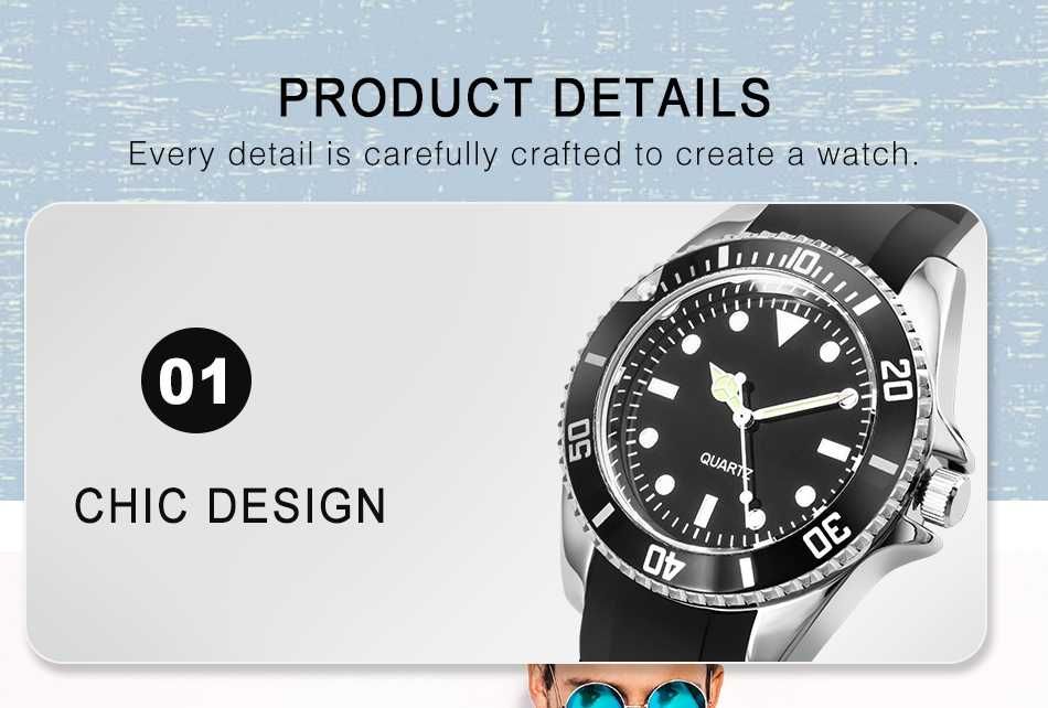 Zegarek koperta 43mm mechanizm Seiko kwarcowy na pasku silikonowym BOX