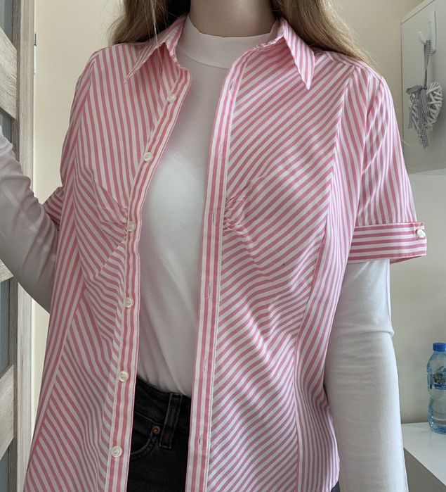 różowo - biała koszulka w paski z krótkim rękawem