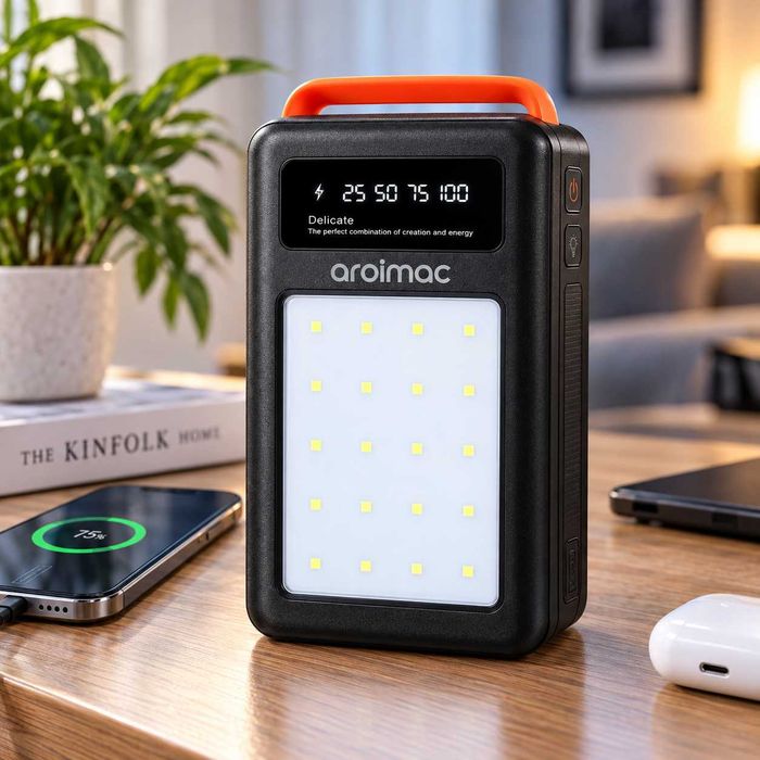Павербанк Aroimac 100000mAh для отключений света Power Bank 4 выхода Type-C USB мощный аккумулятор с LED фонарем резервное питание дома