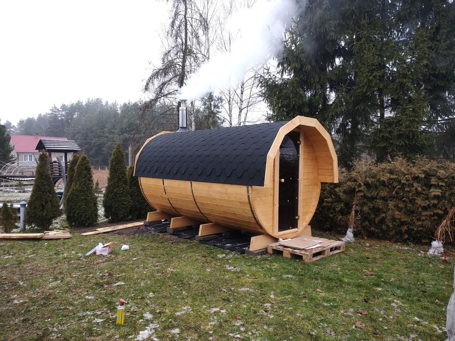 Sauna ogrodowa Beczka (Z przedsionkiem) 420 cm !! Piec na drewno !!
