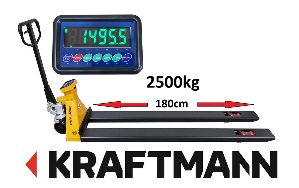 DOKŁADNY I NIEZAWODNY DŁUGI WÓZEK RĘCZNY PALETOWY PALECIAK Z WAGĄ 180cm 2500kg KRAFTMANN waga mobilna magazynowa widlak bardzo długie widły drukarka