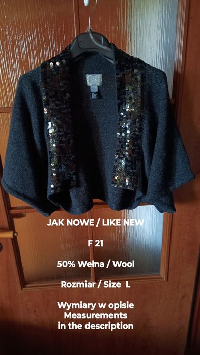 Damskie bolerko / narzutka z wełny z cekinami, 50% Wełna, Rozmiar L