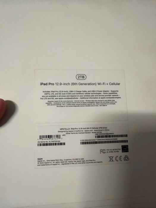 Apple iPad Pro 12.9 2022, 2TB, Silver, Wi-Fi + LTE (M2) (MP673)