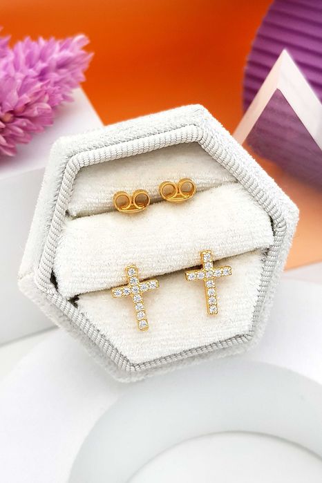 Złote kolczyki krzyże wysadzane białymi cyrkoniami pr. 585