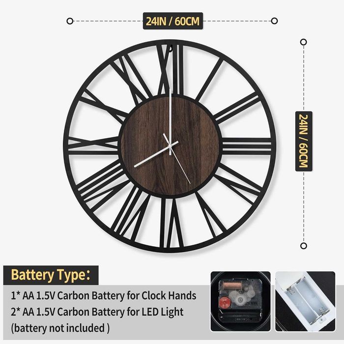 Relógio de Parede 60cm para Sala | Silencioso Sem Tique-taque | Funciona a Pilhas | Estilo Madeira e Metal
