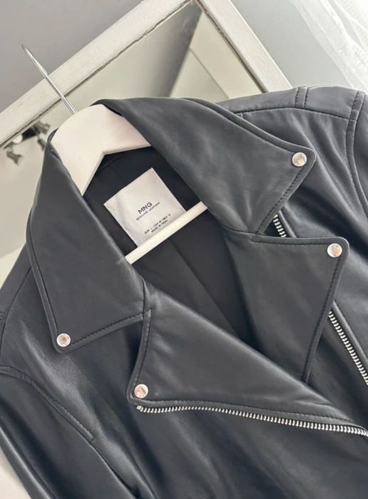 Skóra 100% Mango Klasyczna kurtka Ramoneska Biker