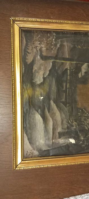 Stary obraz na papierze w dużej złoconej ramie