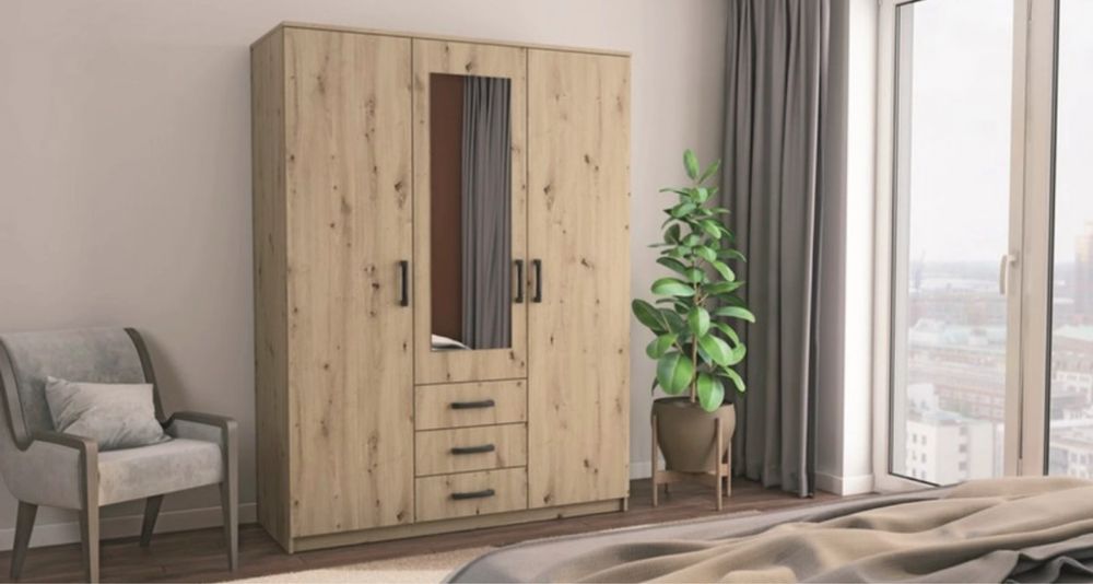 Roupeiro de 3 portas com espelho e gavetas desmontado