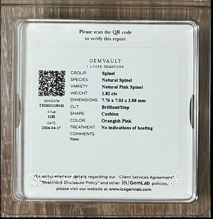 Espinela Rosa Alaranjada Natural 1,82 cts GemLab