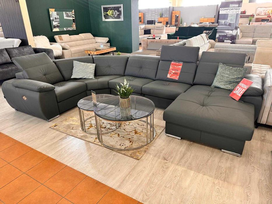 Duży narożnik ze skóry naturalnej z funkcją spania i funkcją relaks