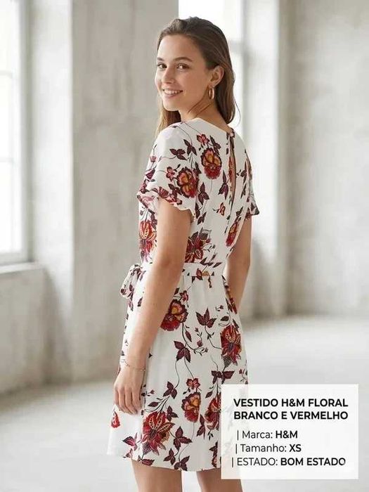 Vestido H&M Floral Boho – Branco, Vermelho e Amarelo (Tam. XS)