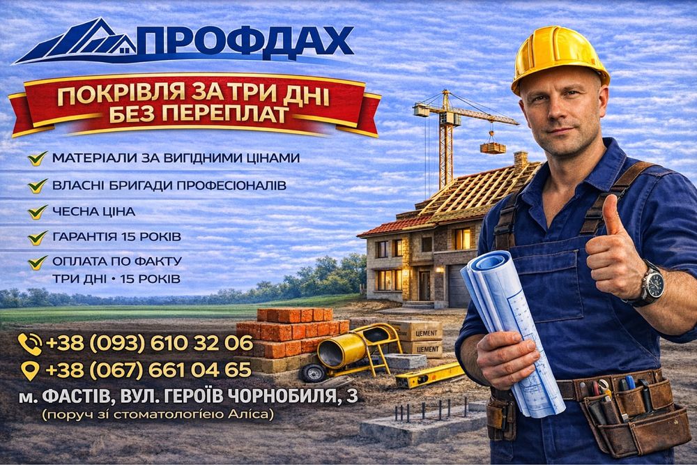 Покрівельні роботи, покрівля, будівництво, будинки, дах, криша, паркани та ін     ПРОФ-ДАХ