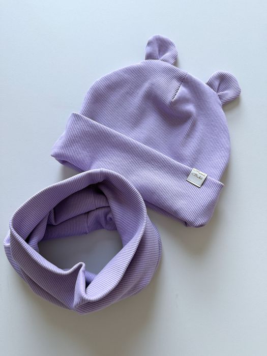 Czapka komin  50/52 prążek wrzos liliowy zestaw wiosna/jesień