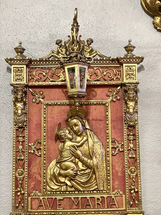 Placa religiosa antiga AVE MARIA em bronze seculo 19