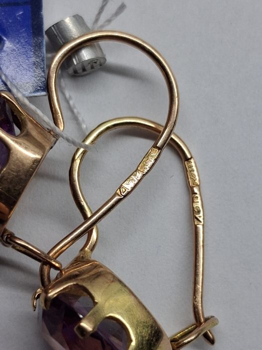 Золотые серьги с аметистом советское золото 583