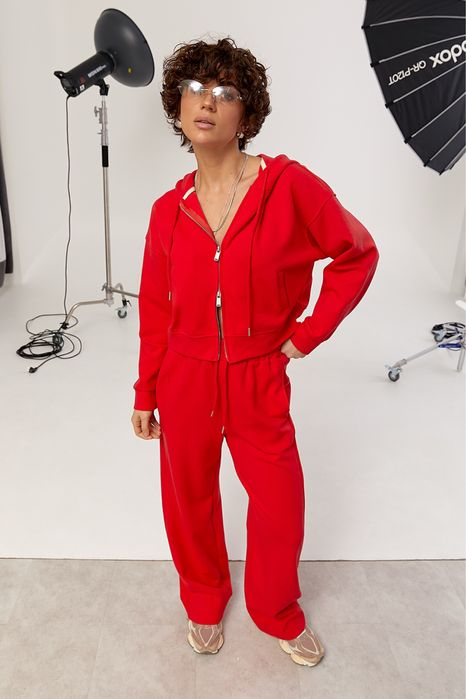 Спортивний жіночий червоний костюм  з штанами та худі