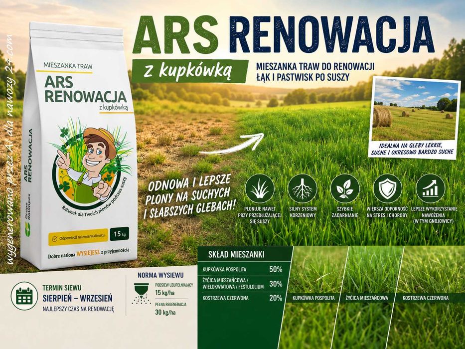 ARS Renowacja, mieszanka traw z kupkówka, ilość 15 kg na suche gleby