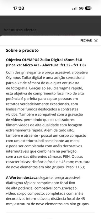 Objetiva Olympus 45mm f1.8