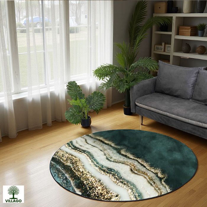 NOWY • OKAZJA Okrągły dywan Villago OVON 90x90 cm – Wzór złoty brzeg