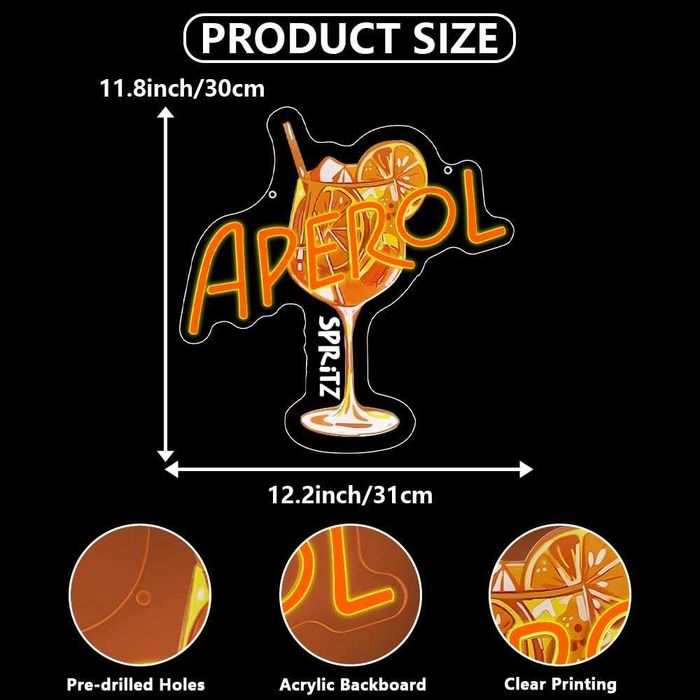 Reclame Luminoso Decorativo "Aperol Spritz" com Iluminação LED Néon em Base de Acrílico - Carregado por USB - Diferentes Frases e Temas