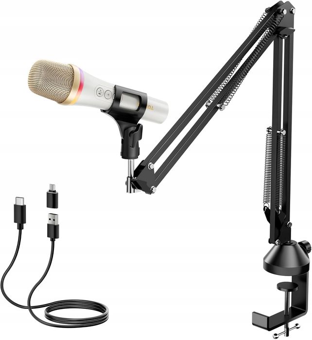 Mikrofon dynamiczny studyjny RGB do podcastów biały ze statywem biały