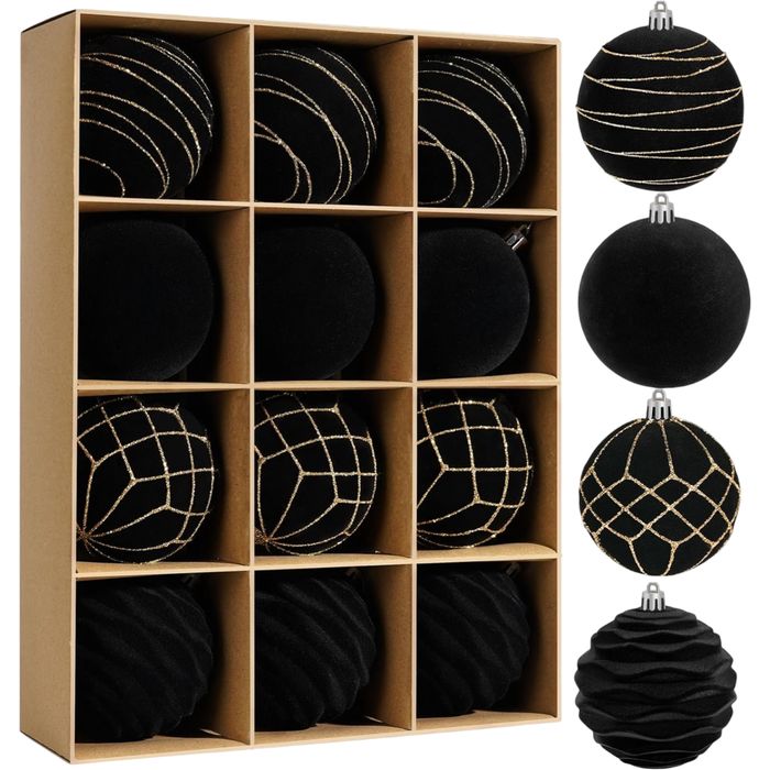 Christmas Baubles - Velvet Plastic - 12 pcs, 8 cm, Black