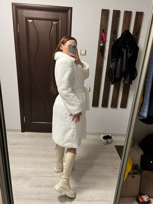 РОЗПРОДАЖ Шуба шубка біла S M з поясом пальто еко зимова штучна L XL