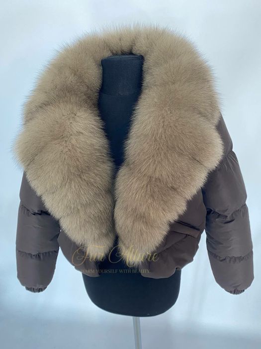 Жіночий короткий шоколадний пуховик з натуральним хутром песця 42-54 р