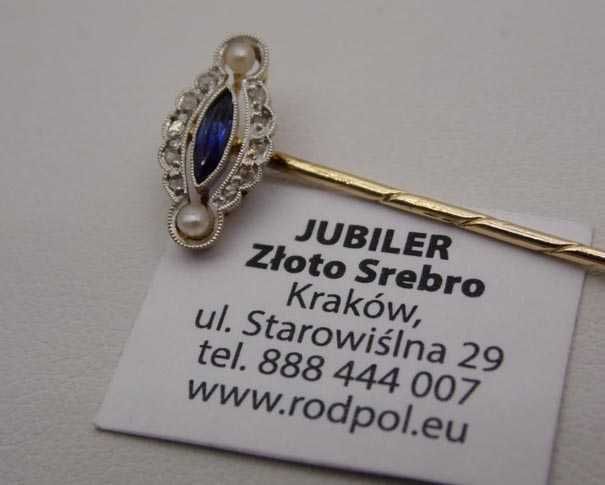 Antyczna szpila szpilka broszka diamenty szafir i perły.
