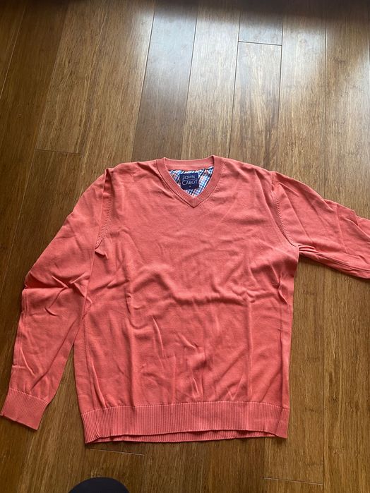 Sweter elegancki, dekolt w serek, różowy, łososiowy M, 100% bawełna