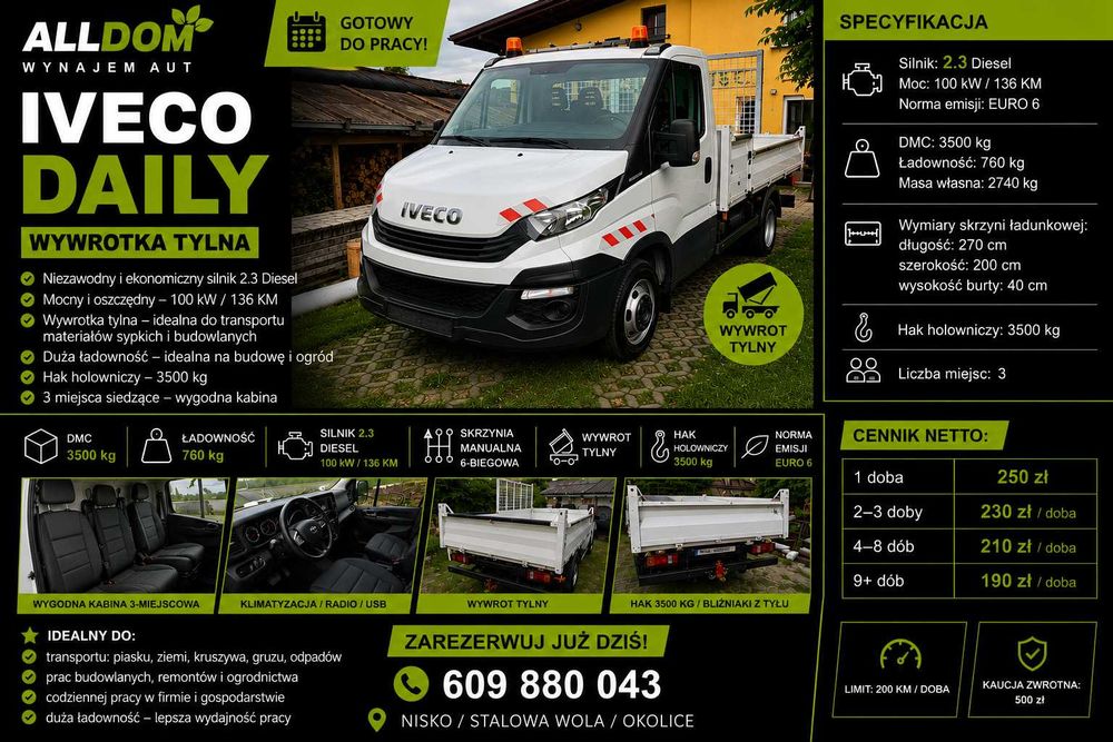 Wynajem WYWROTKA IVECO DAILY 2.3  | Hak 3500 kg | Nisko