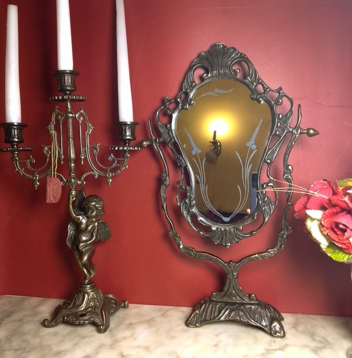 Подсвечник 3 свечи, бронзовый, Ангел, зеркало бронзовое, Испания,