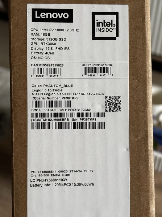 Lenovo legion 5 intel i7, 15,6”, 16GB, 512GB, RTX3060