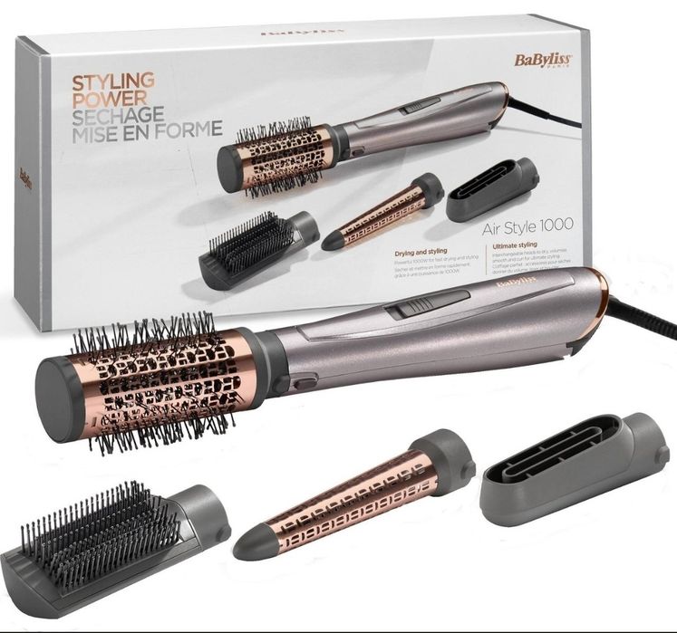 Фен-щітка BaByliss Air Style 1000 (модель AS136E), яка має сірий корпус із рожевими акцентами