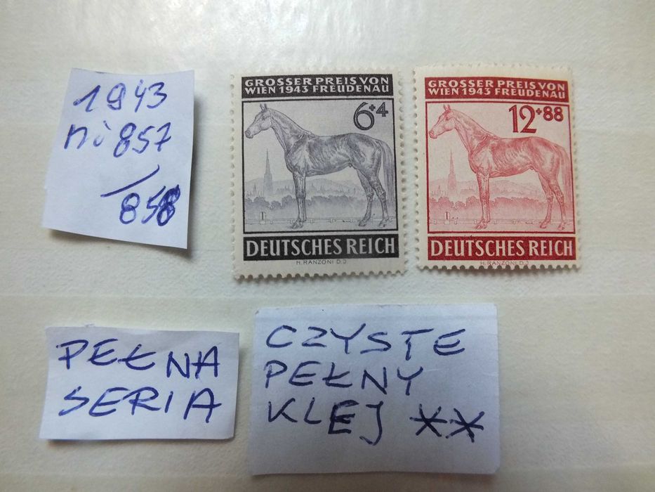 2szt. znaczki pełna seria Mi857 Niemcy 1943r. KONIE Wyścigi WIEDEŃ DERBY Rzesza czyste ** Reich
