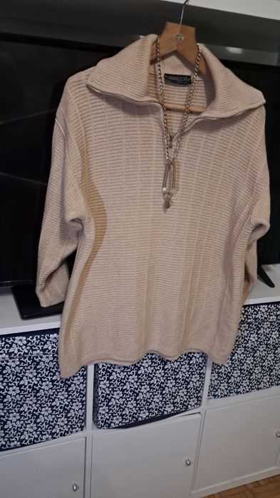 Sweter beżowy Passport r.XL rozpinany kołnierz,  bawełna, prążek