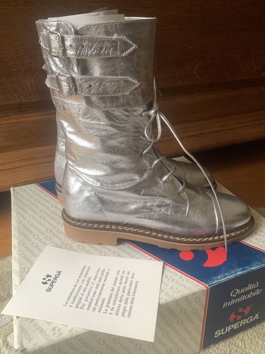 Buty botki glany SUPERGA srebrne włoskie skórzane 39