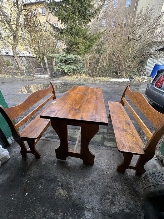 Solidny zestaw ogrodowy – stół + 2 ławki | Lite drewno sosnowe
