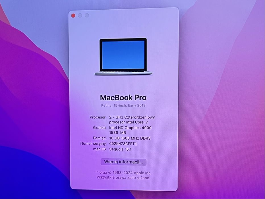 MacBook Pro 15 Retina intel i7 2,7Ghz NOWA BATERIA !