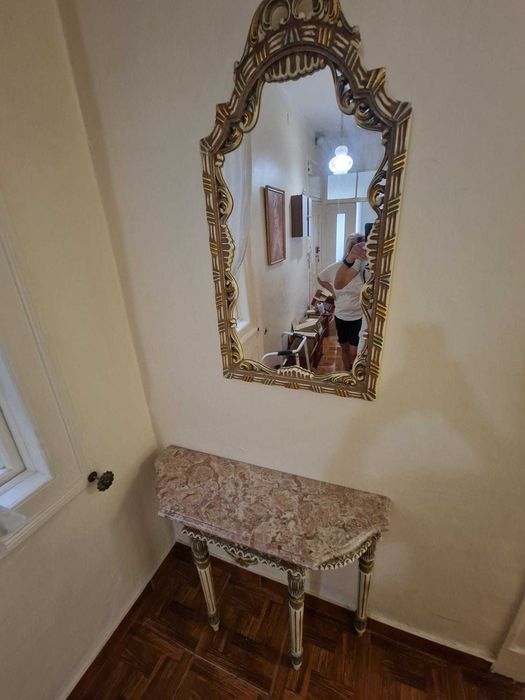 Consola Antiga com Espelho e Tampo em Mármore Rosa