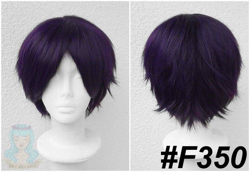 Krótka fioletowa męska peruka z grzywką ciemna cosplay wig krótki ciemny fioletowy męski na konwent halloween zabawę karnawał imprezę przebranie